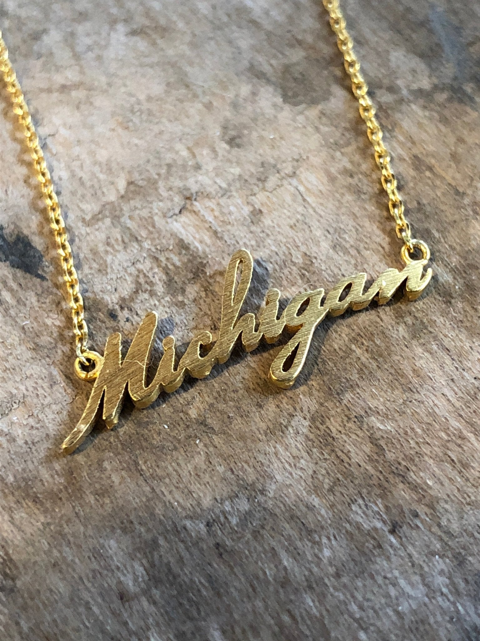 Michigan Script Dainty Necklace / Gold Jewelry