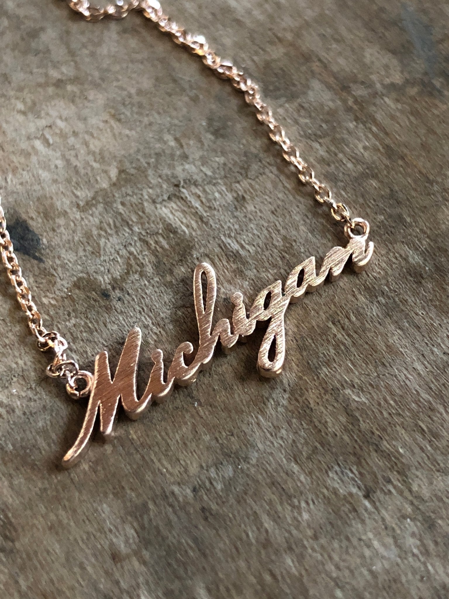 Michigan Script Dainty Necklace / Rose Gold Jewelry