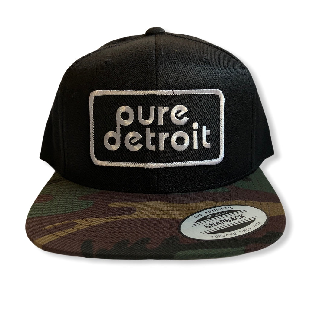 Pure Detroit Snapback Hat / Black + Camo Hat   
