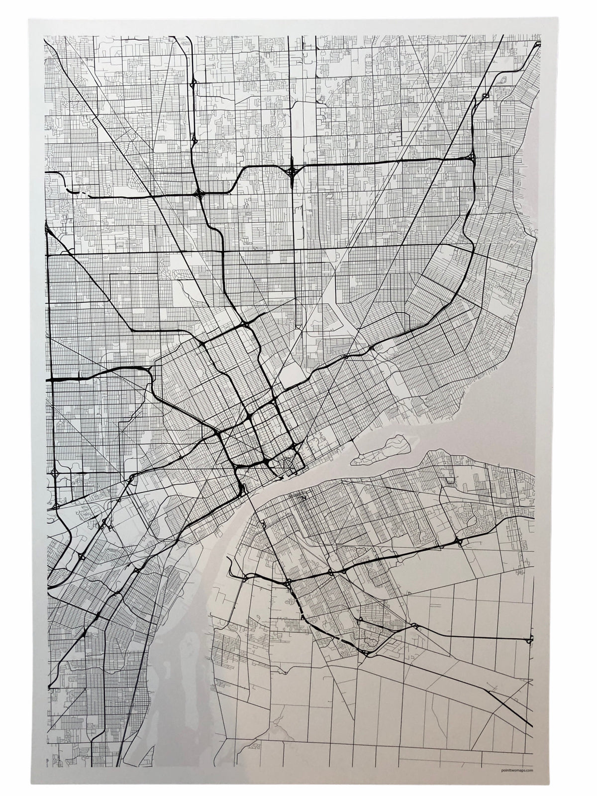 12" x 18" Detroit City Map Print - White + Black (no words) Wall Art   