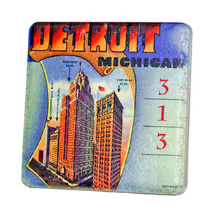 Vintage Detroit 313 Skyscrapers Porcelain Tile Coaster Coasters   