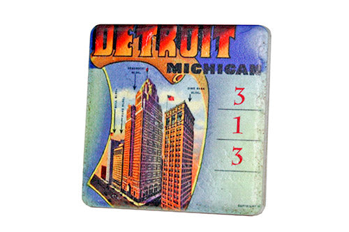 Vintage Detroit 313 Skyscrapers Porcelain Tile Coaster Coasters   