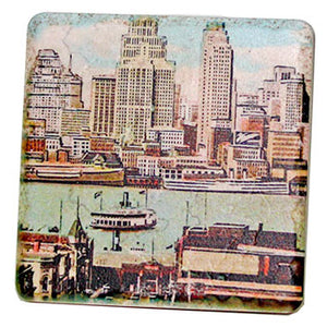 Vintage Detroit River Skyline Tile Coaster Coasters   