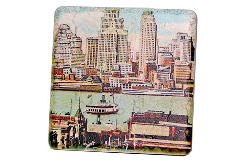 Vintage Detroit River Skyline Tile Coaster Coasters   