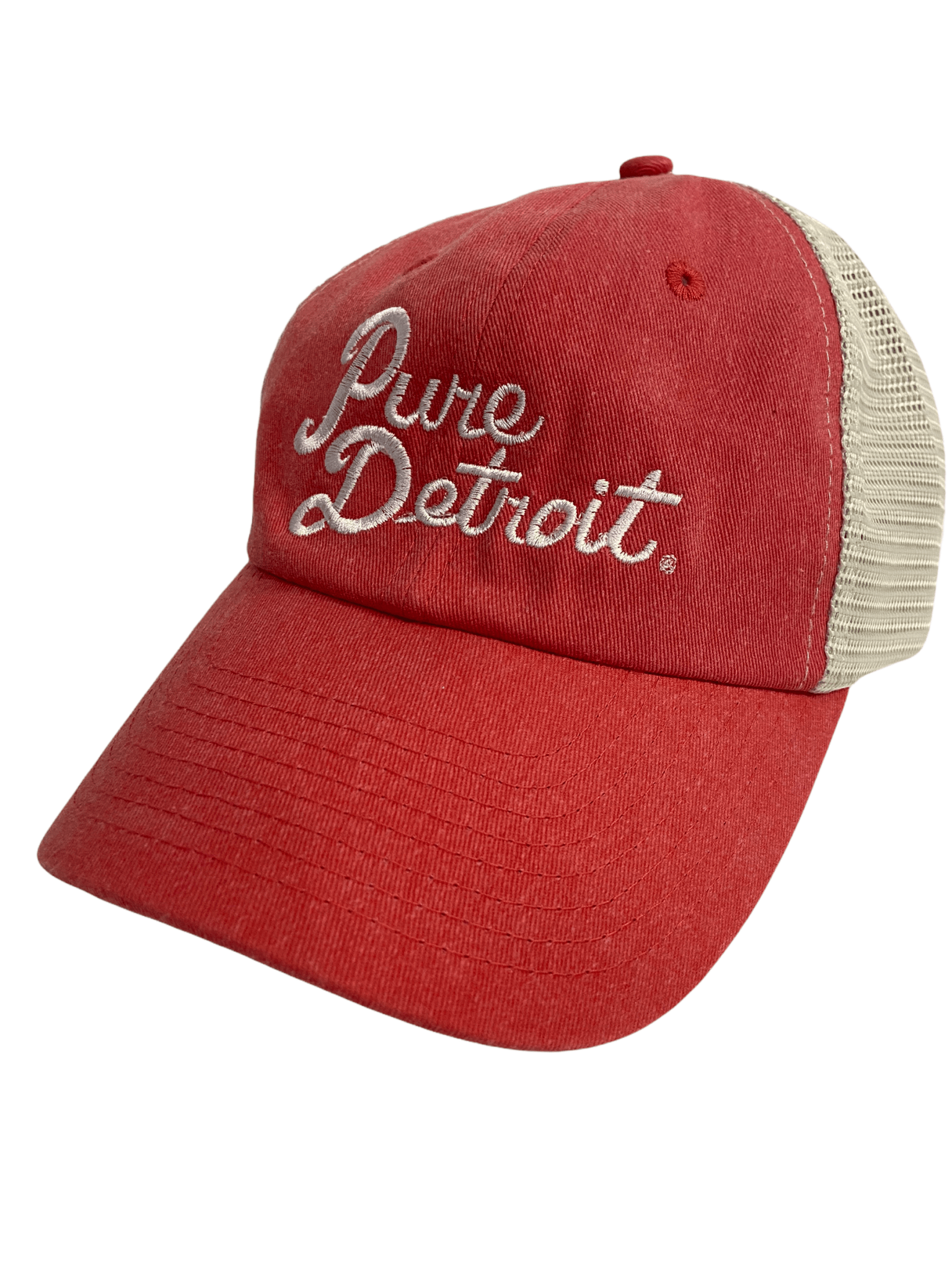 Pure Detroit Script Trucker Adjustable Hat / Unisex Hat White/Coral
