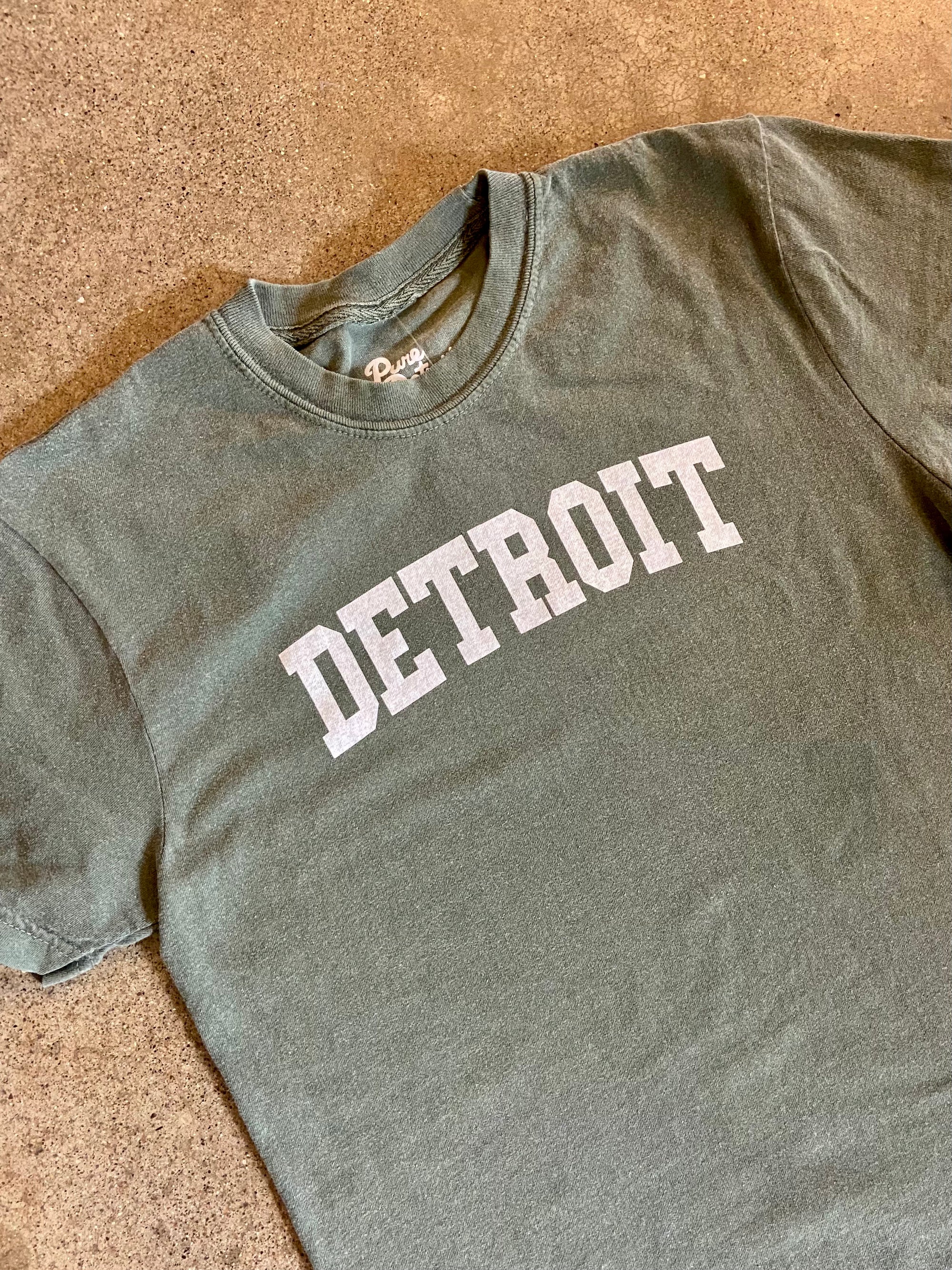 Detroit Collegiate Arch Garment Dyed Tee / White + Heather Pine / Unisex Unisex Apparel   