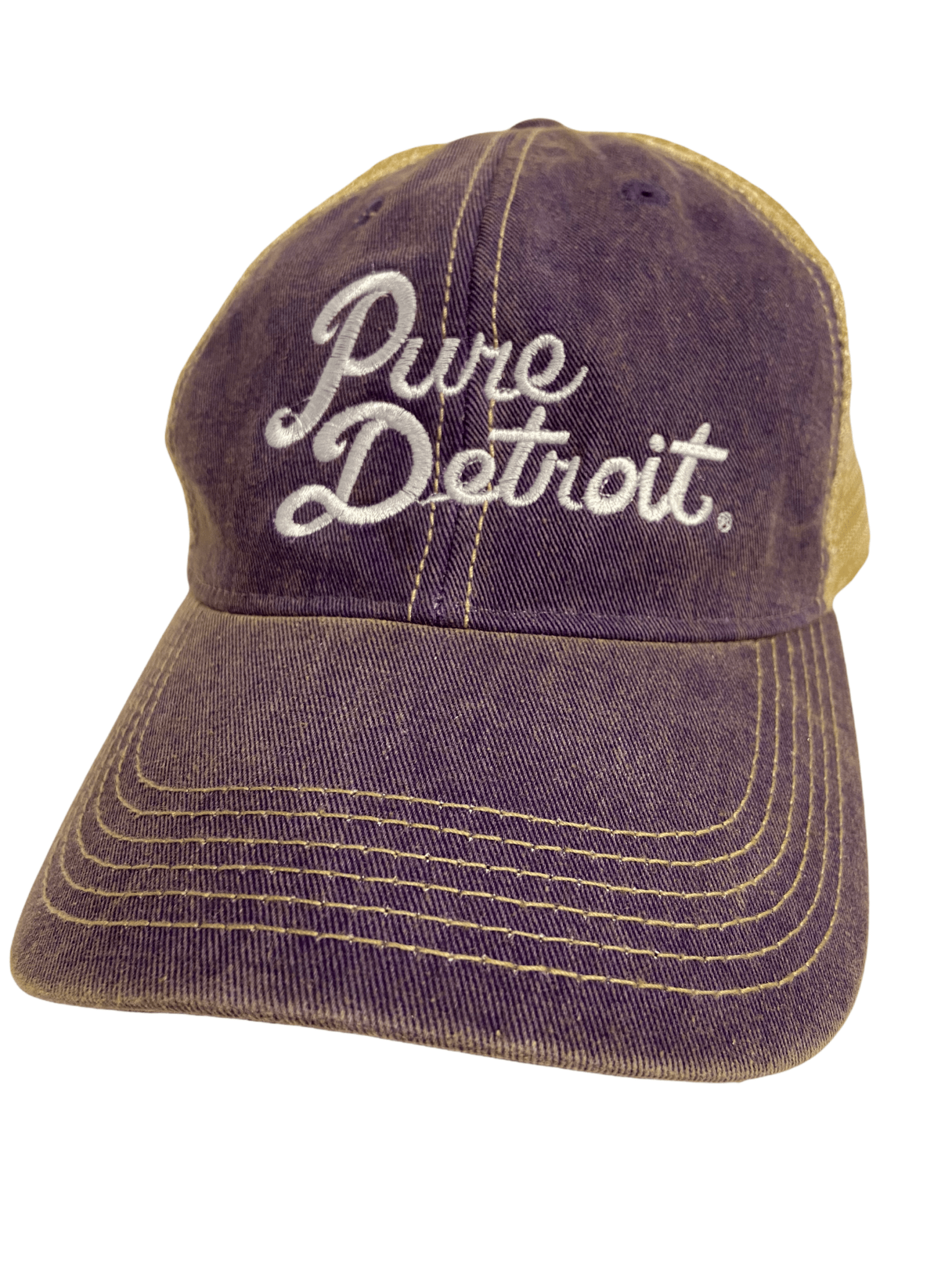 Pure Detroit Script Trucker Adjustable Hat / Unisex Hat White/Purple