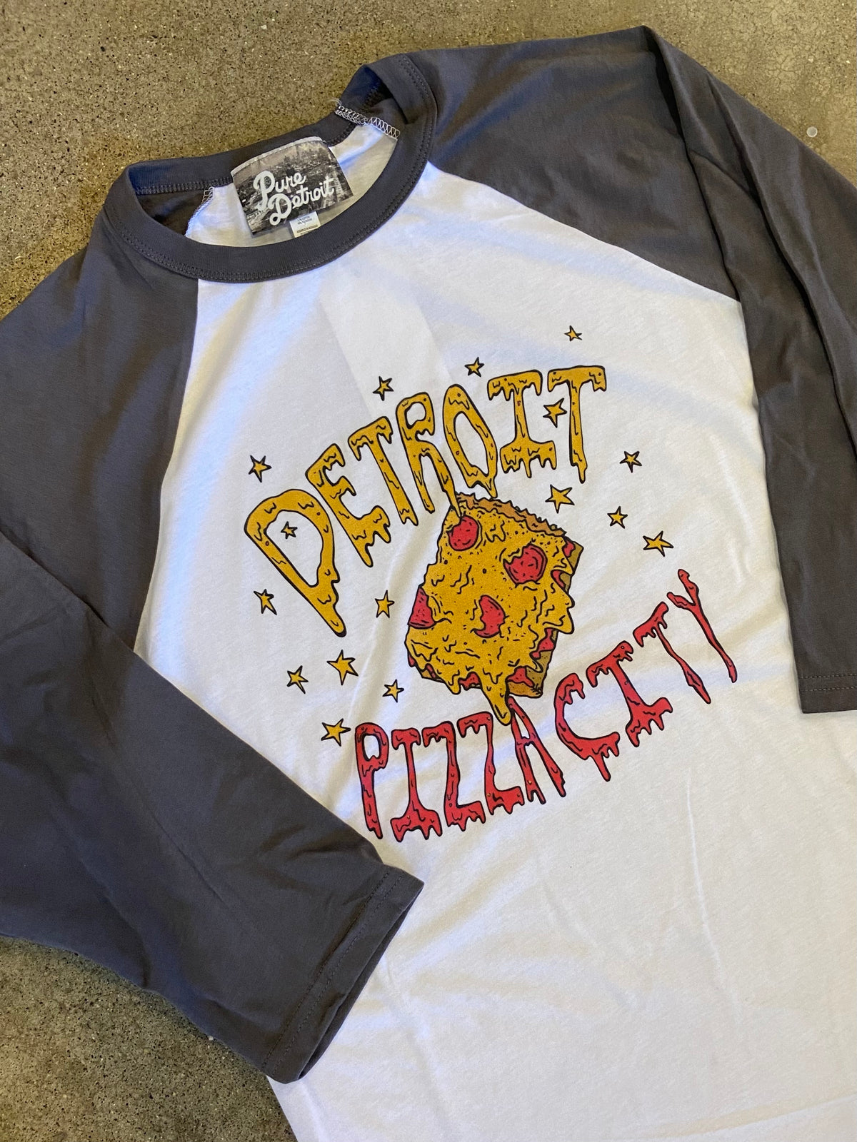Detroit Pizza City Baseball Tee / White + Asphalt / Unisex Unisex Apparel   