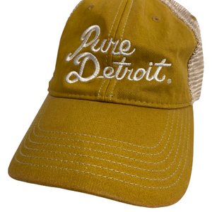 Pure Detroit Script Trucker Adjustable Hat / Unisex Hat White/Mustard  