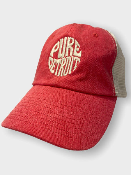 Pure Detroit Retro Trucker Adjustable Hat / Unisex/ Cream + Red Hat   