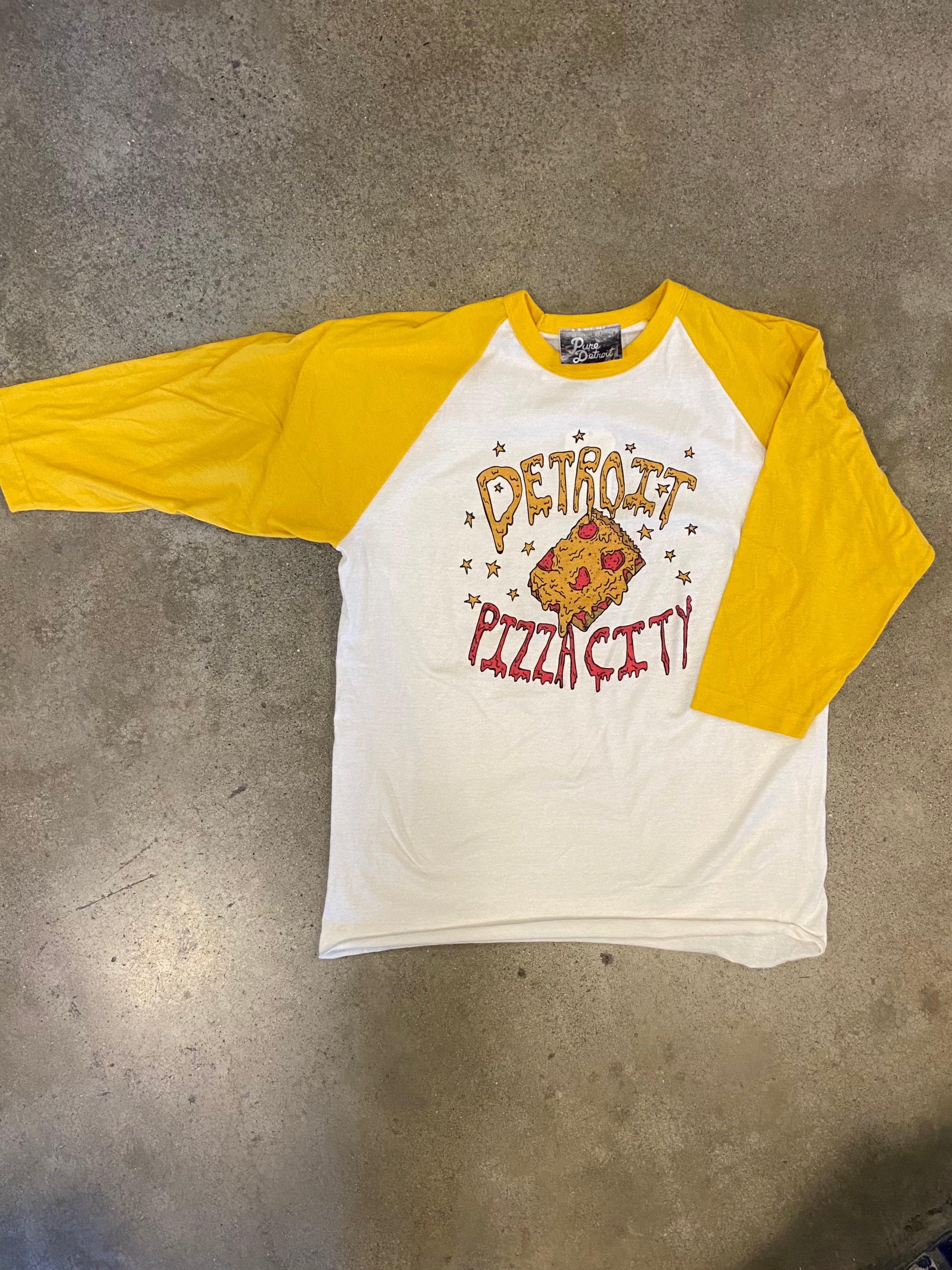Detroit Pizza City Baseball Tee / White + Yellow / Unisex Unisex Apparel   