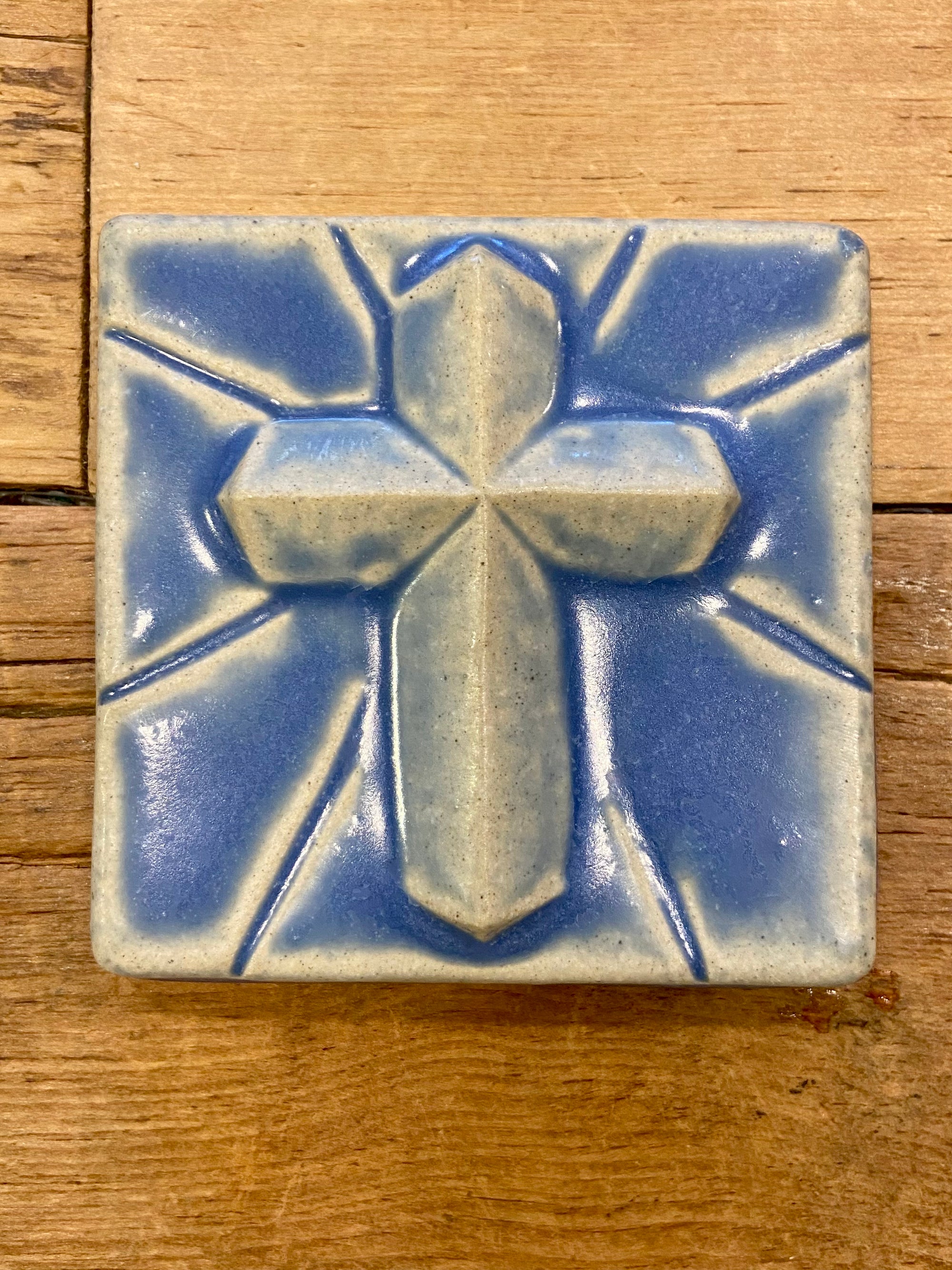 4x4 Mario's Cross Pewabic Tile - Periwinkle Pewabic Pottery   