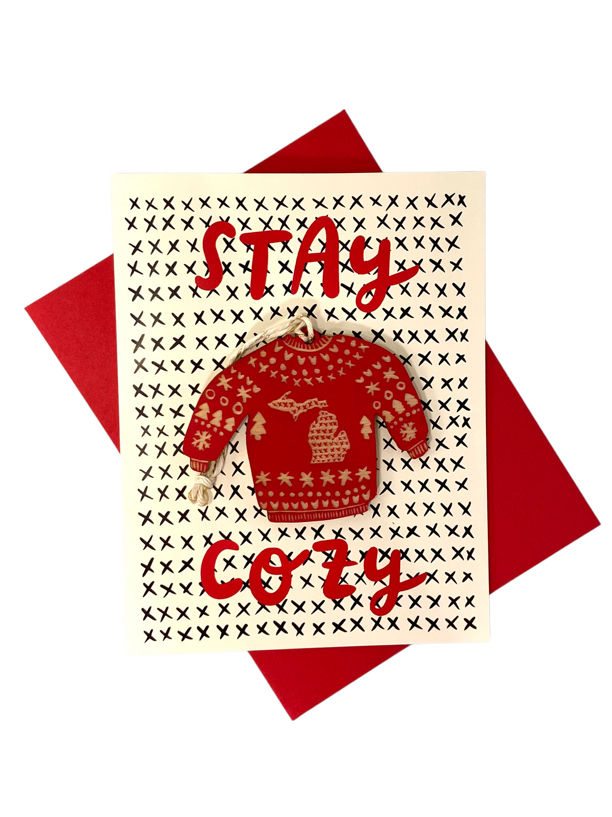 "Stay Cozy" Ornament with Card - Red Greeting Card   