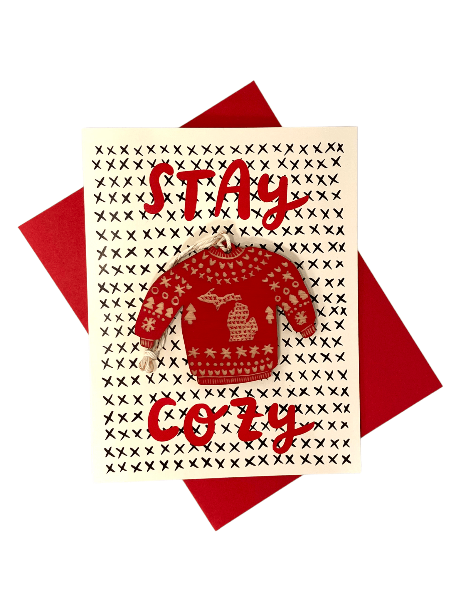 "Stay Cozy" Ornament with Card - Red Greeting Card