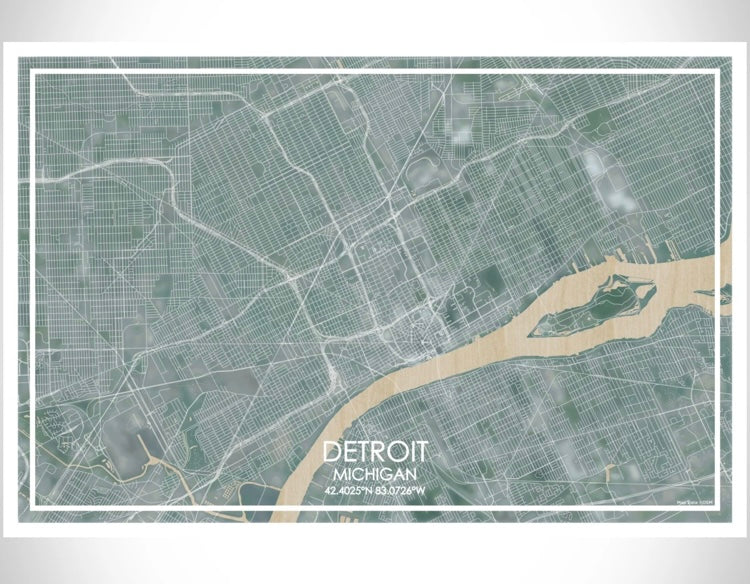 12" x 18" Detroit MI Map Print Woodblock/ Green - Horizontal Wall Art   