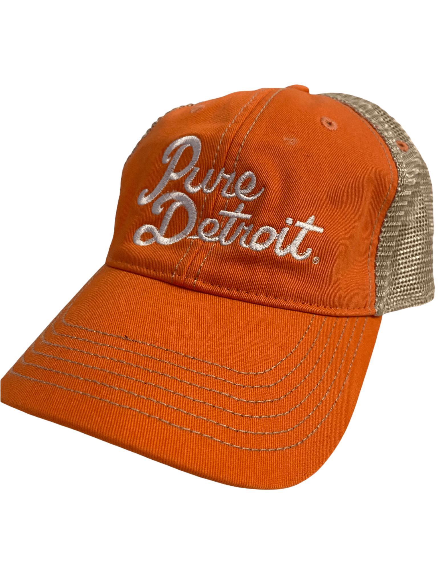 Pure Detroit Script Trucker Adjustable Hat / Unisex Hat White/Orange