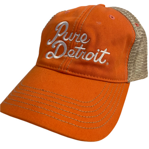 Pure Detroit Script Trucker Adjustable Hat / Unisex Hat White/Orange  