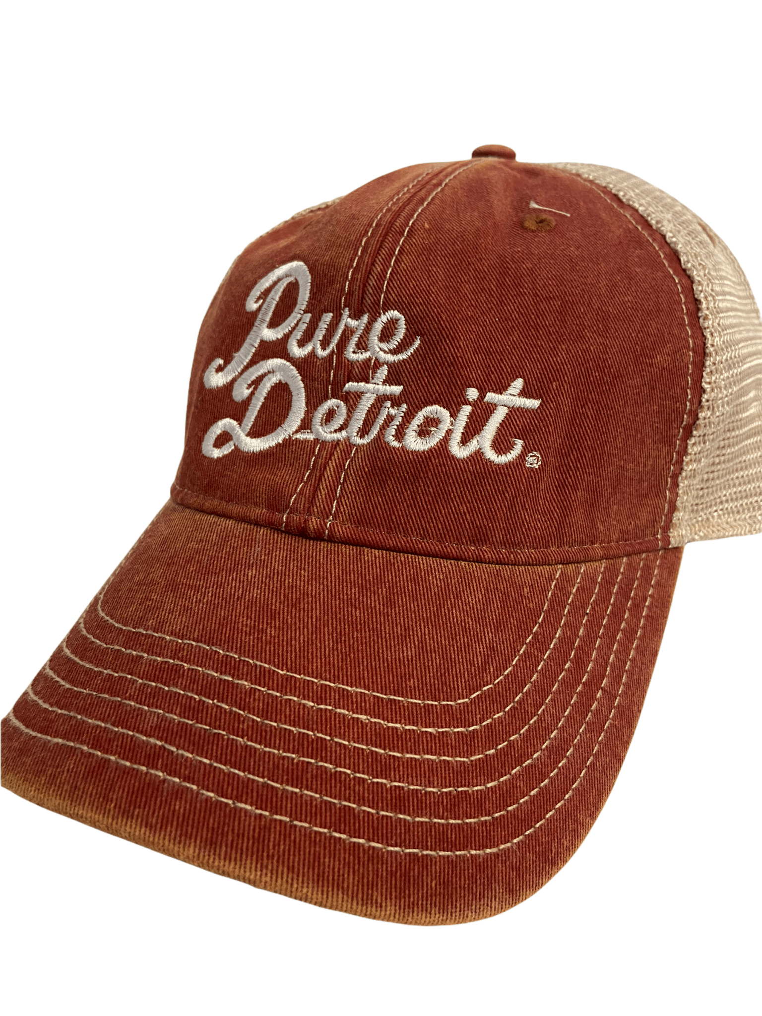 Pure Detroit Script Trucker Adjustable Hat / Unisex Hat White/Brick