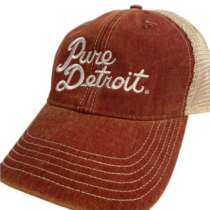 Pure Detroit Script Trucker Adjustable Hat / Unisex Hat White/Brick  