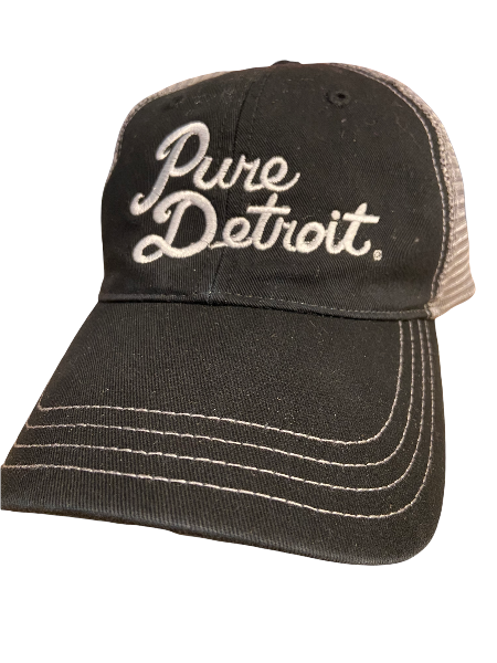 Pure Detroit Trucker Adjustable Hat / White + Black/Gray Hat Pure Detroit Script  