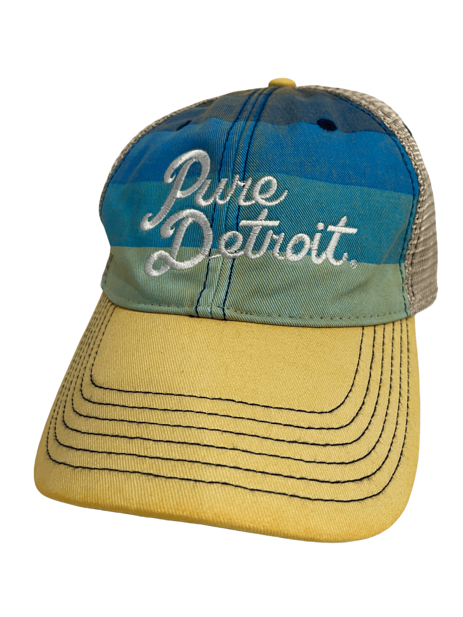 Pure Detroit Script Trucker Adjustable Hat / Unisex Hat White/Blue Stripe