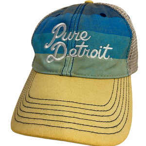 Pure Detroit Script Trucker Adjustable Hat / Unisex Hat White/Blue Stripe  