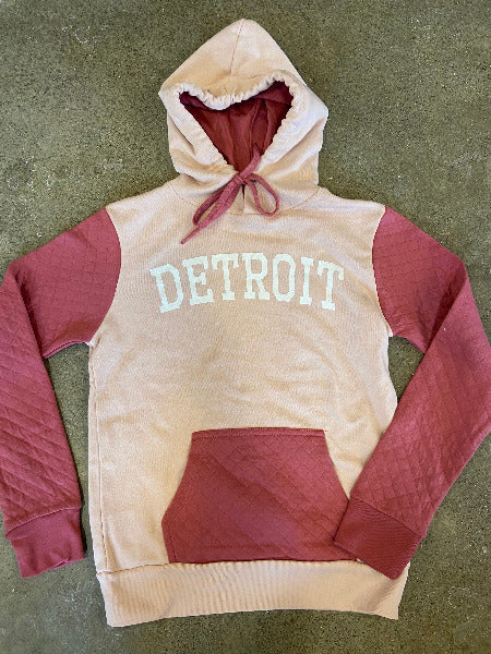Detroit Collegiate Arch Quilted Fleece Hoodie / White + Pink/Dusty