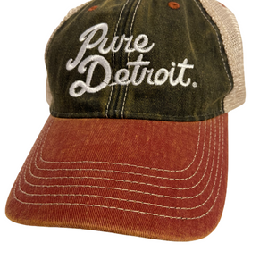 Pure Detroit Script Trucker Adjustable Hat / Unisex Hat White/Black/Brick  