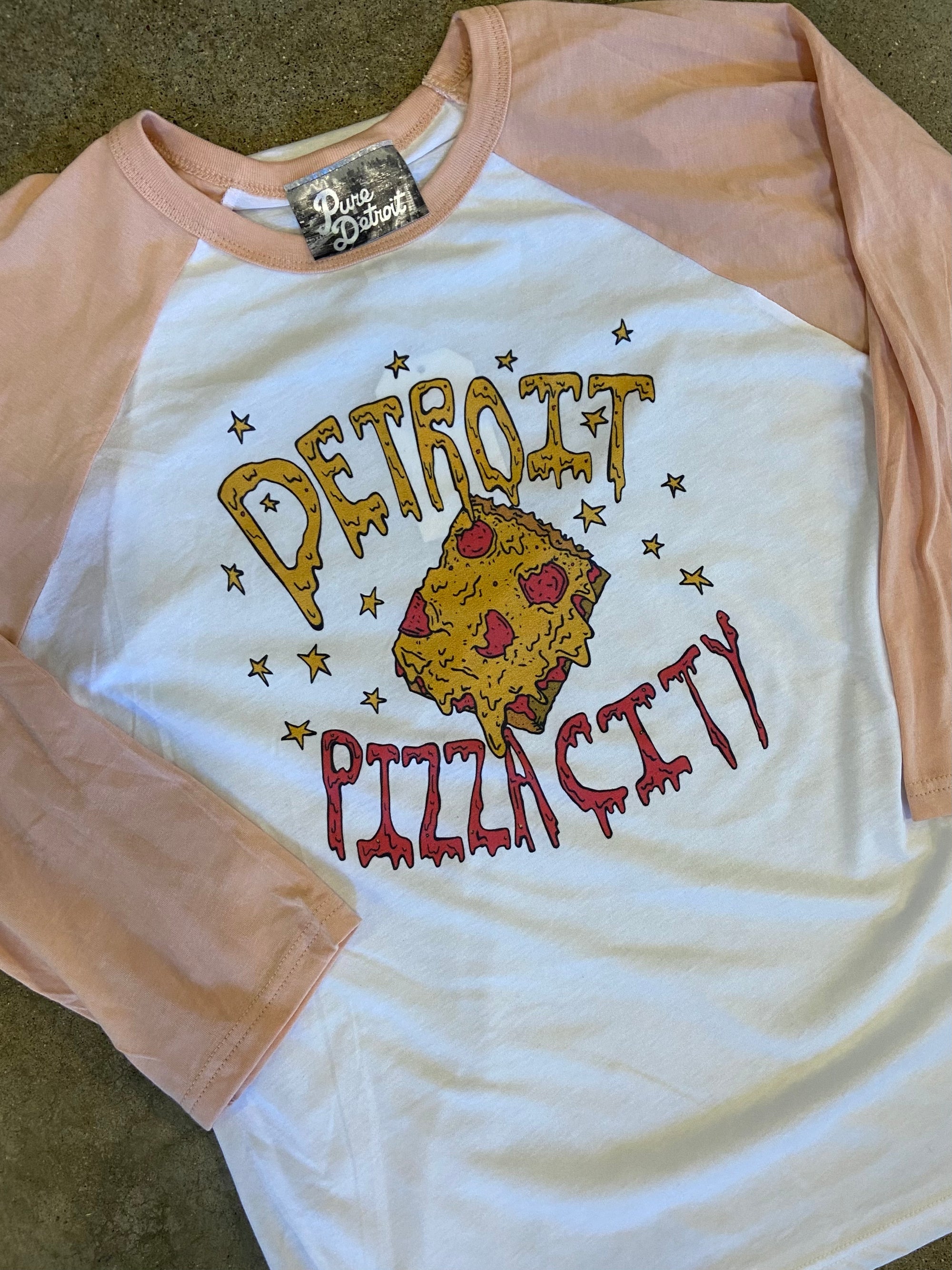 Detroit Pizza City Baseball Tee / White + Peach / Unisex Unisex Apparel   