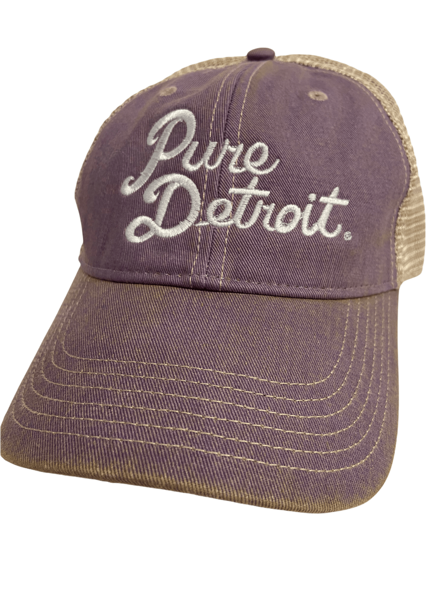 Pure Detroit Script Trucker Adjustable Hat / Unisex Hat White/Lilac