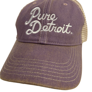 Pure Detroit Script Trucker Adjustable Hat / Unisex Hat White/Lilac  