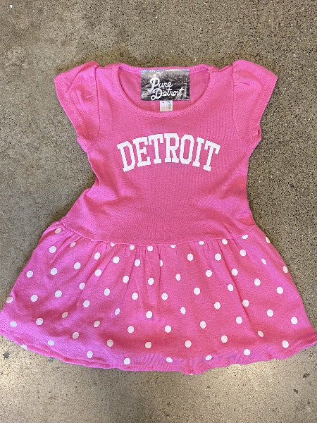 Detroit Collegiate Baby Dress / White + Bubblegum Dot / Baby/18 Months