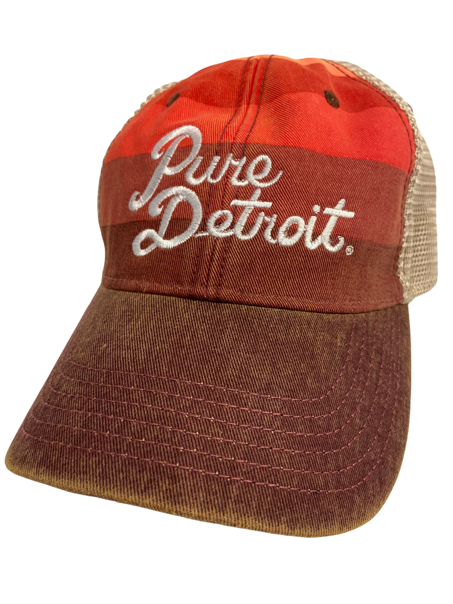 Pure Detroit Script Trucker Adjustable Hat / Unisex Hat White/Red Stripe  