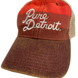 Pure Detroit Script Trucker Adjustable Hat / Unisex Hat White/Red Stripe  